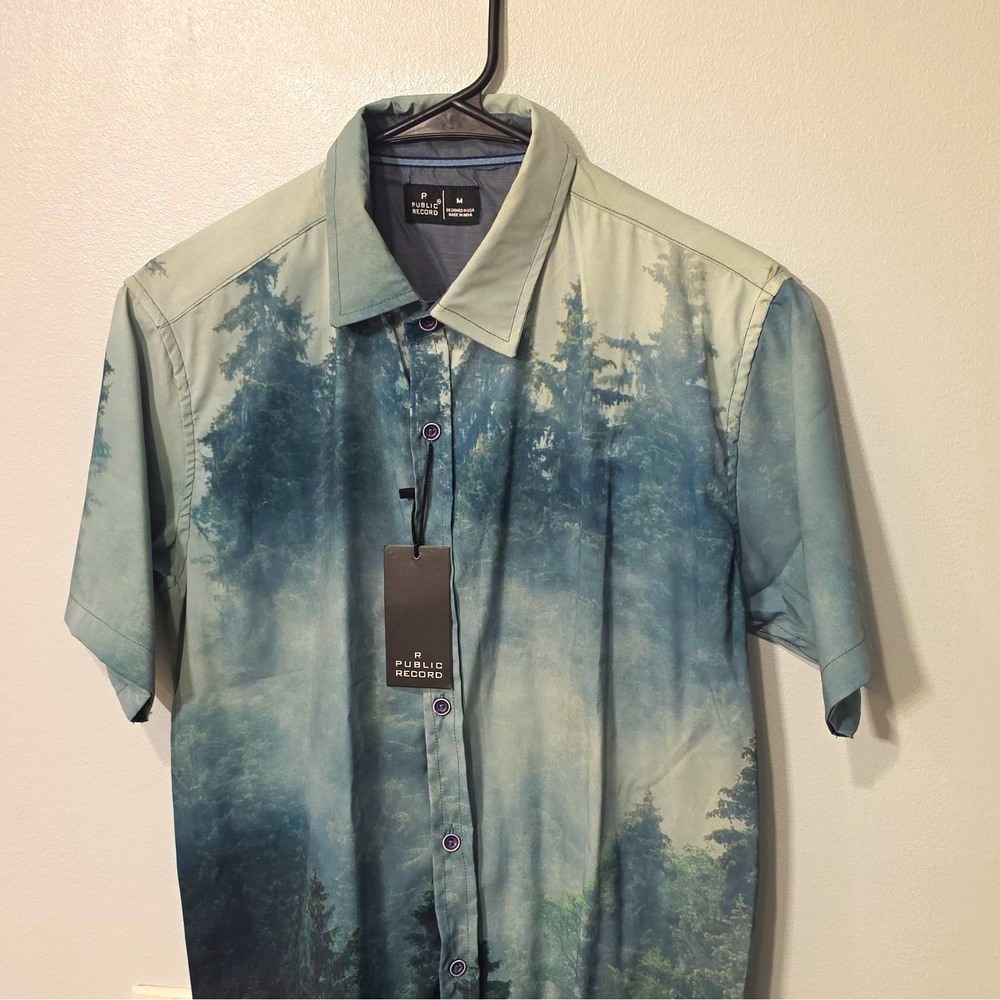 Public Record Men's Woven SS Button-Up Graphic Nature M Tan #214